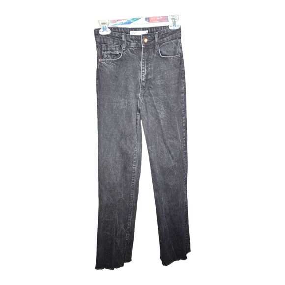 Zara Jeans‎ Black Flare Leg Denim Zip Pants Raw Hem Women's Size 2 - Picture 1 of 8